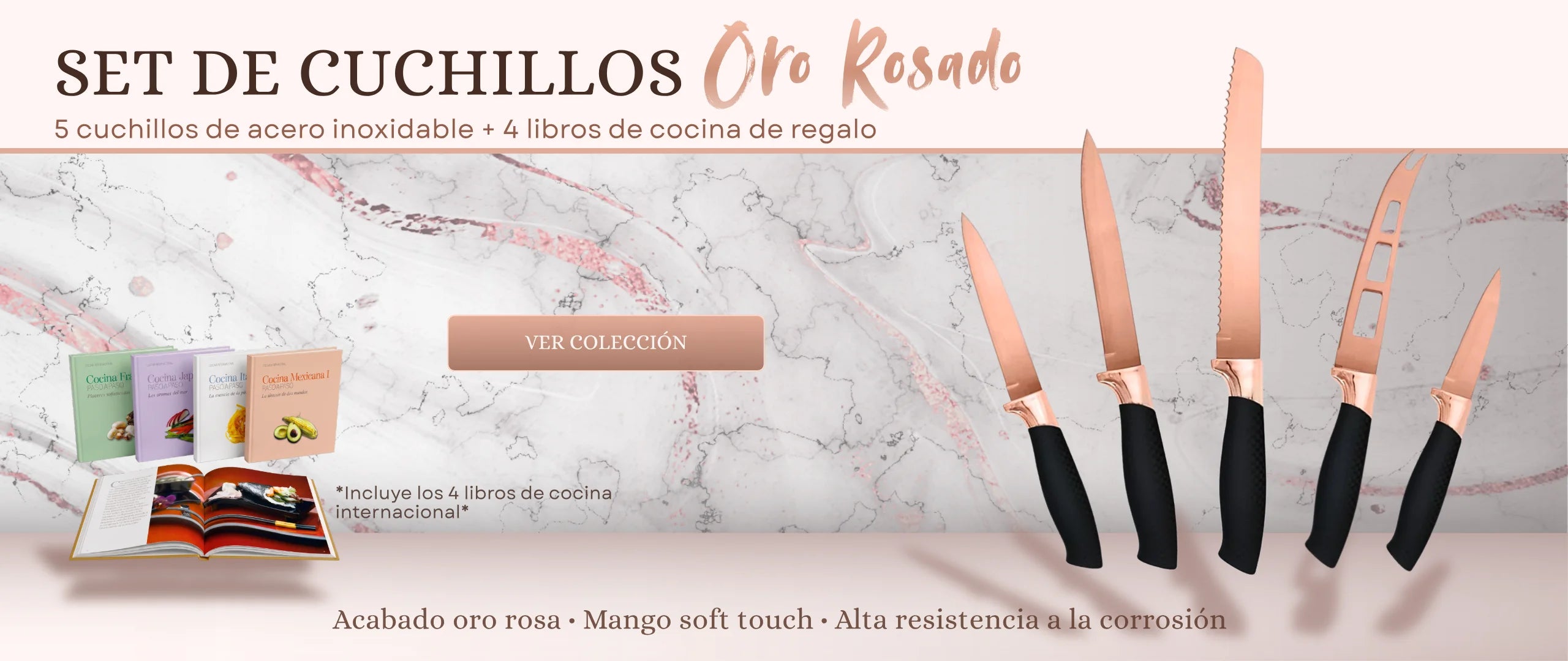 Set de cuchillos Oro Rosado. 5 cuchillos de acero inoxidable más 4 libros de cocina de regalo.
